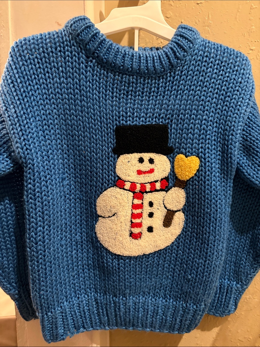 Vintage Blue Kids Snowman Sweater with Heart